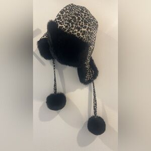 Leopard Print Winter Hat with Pom Poms